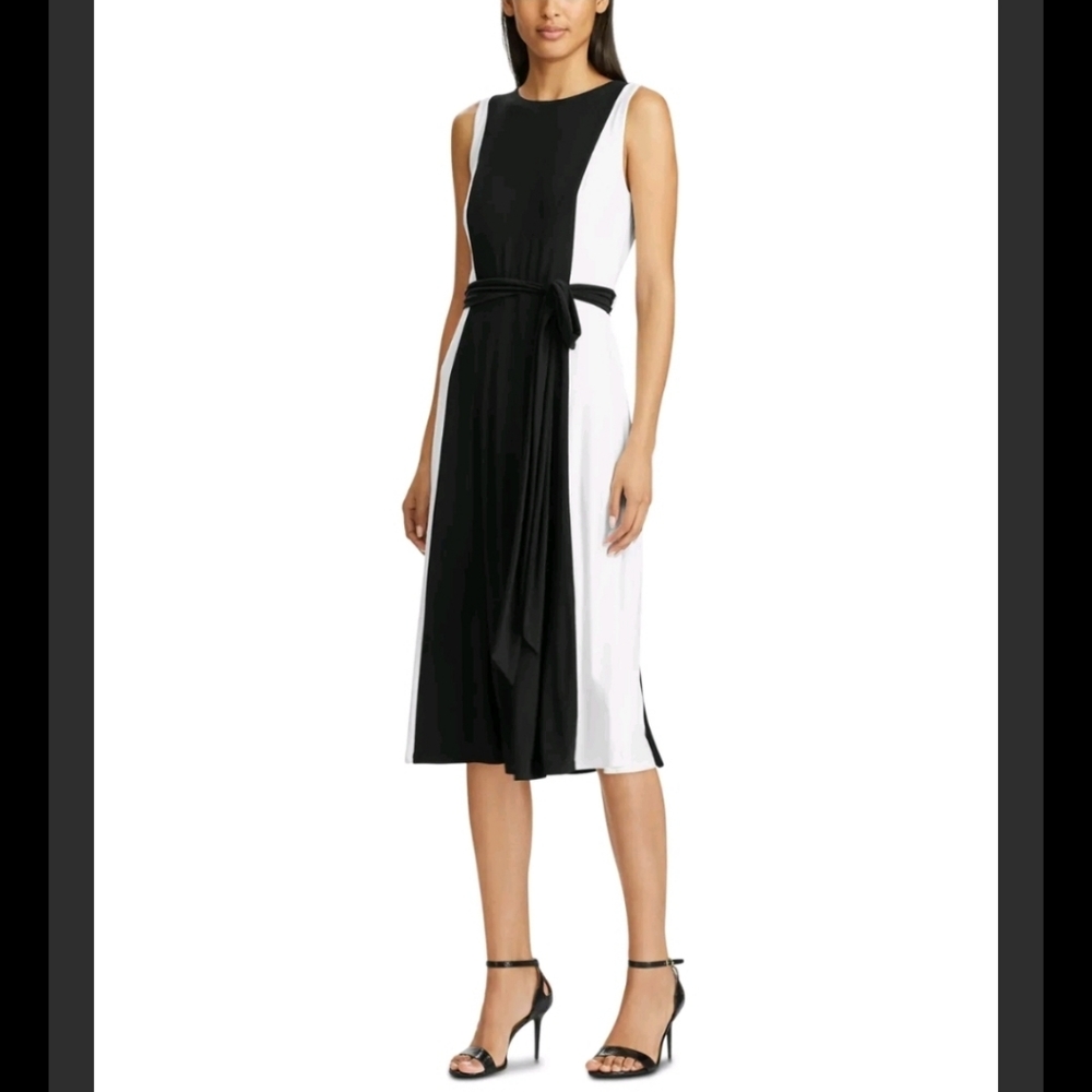 Ralph Lauren Sleeveless Jewel Neck Black & White Midi Dress